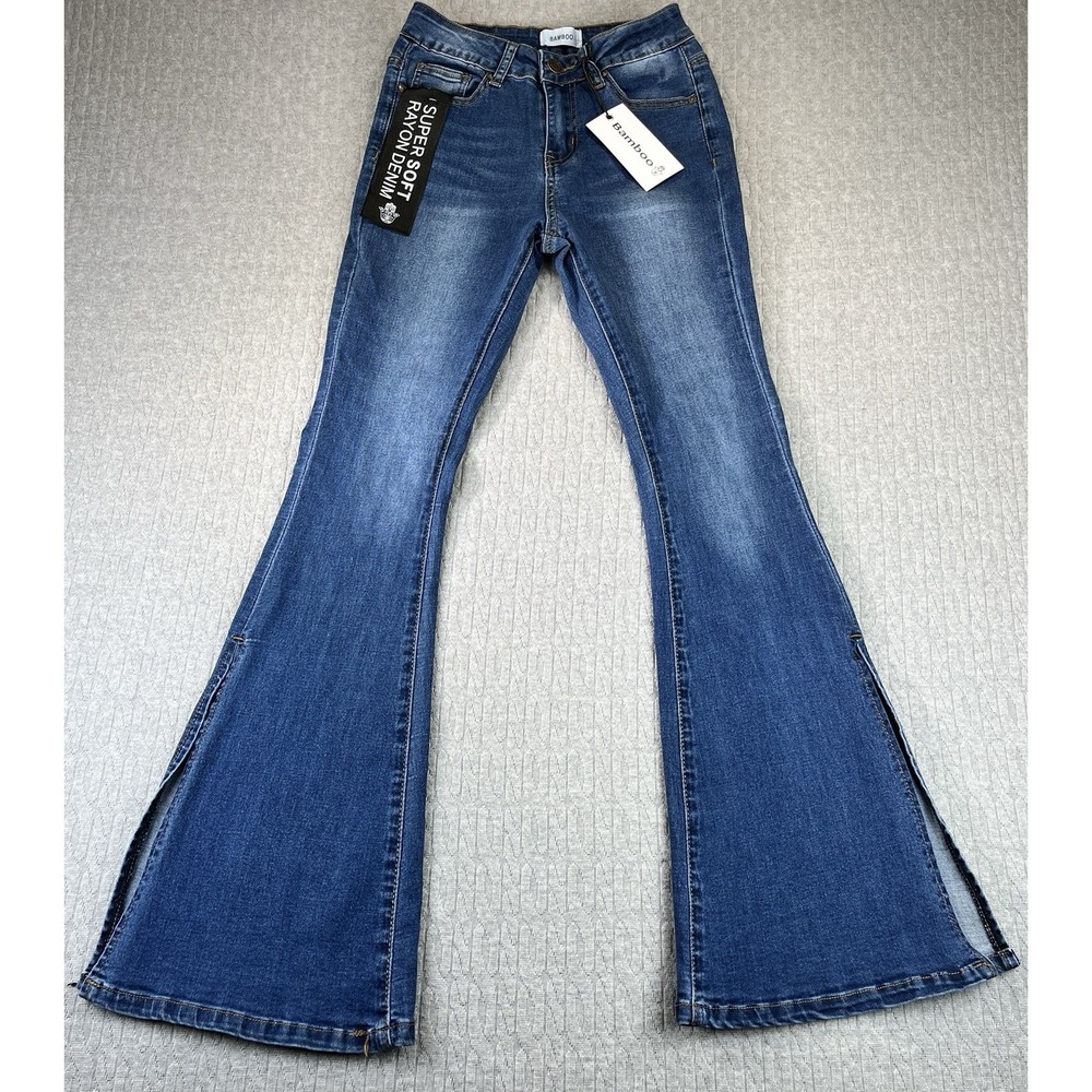 New Bootcut Bamboo Soft Jeans Women 1 Blue Dark Wash Side Slit Bell Bottoms